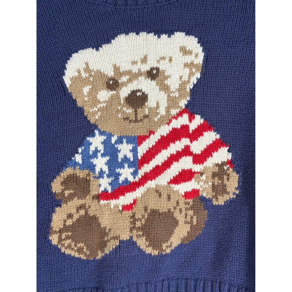 Grayson Threads Womens Navy Blue American Flag Teddy Bear Knit Sweater Small